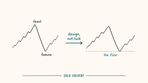 Hand-drawn before and after graphic showing the solopreneur feast and famine income cycle with and without a financial floor