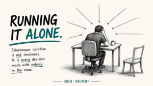 Hand drawn graphic of a solopreneur at a desk with decisions converging on them and one empty chair nearby