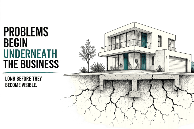 Illustration of a beautiful modern house sitting above the ground. Beneath the surface, show cracked foundations spreading underneath the structure while the house itself still appears perfectly normal.