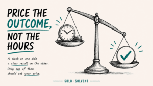 Hand-drawn scales weighing a clock against a finished outcome, representing value-based pricing over hourly pricing