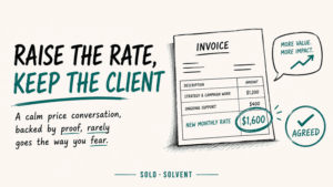 Hand-drawn graphic of a raised invoice and a calm client agreement for a freelance pricing guide