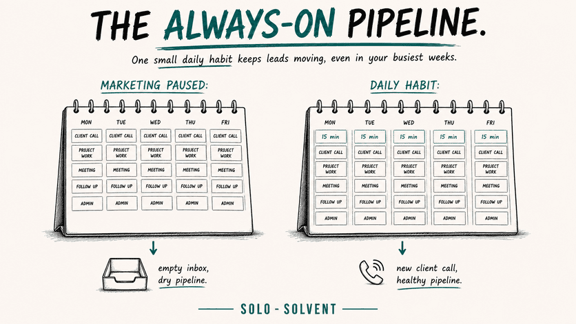 A solopreneur's diary showing how a small daily habit keeps the pipeline open during busy weeks.