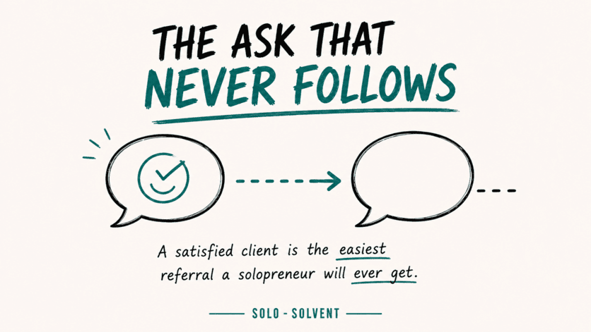 Hand-drawn graphic showing a satisfied client message beside an unfinished referral request.