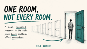 Hand drawn graphic of one open glowing door among closed ones, representing focused solopreneur visibility.