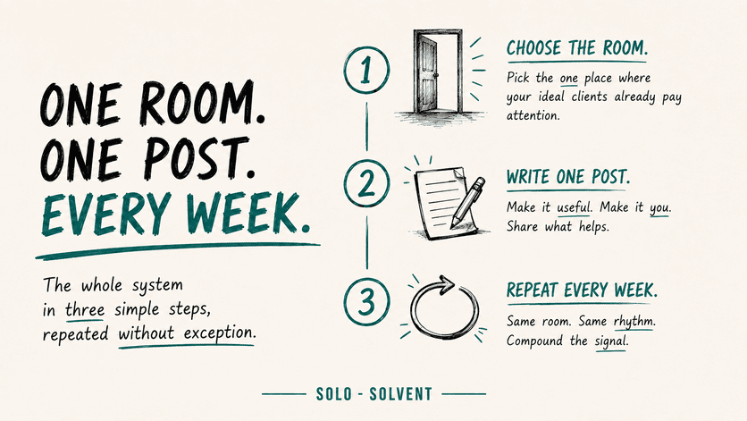 Hand drawn diagram showing choose one room, post weekly, and stay consistent as three visibility steps.