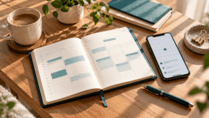 An appointment diary, smartphone and pen arranged on a desk, representing simpler scheduling for solo service providers.