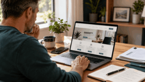 Solo service provider reviewing a professional business website on a laptop