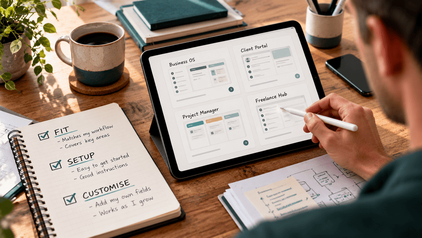 Small business workflow showing the process of choosing and setting up a Notion template