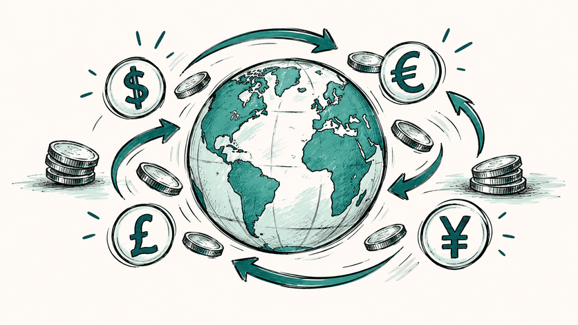 Hand-drawn globe, currency symbols and arrows illustrating international payments and currency conversion.