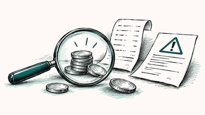 Hand-drawn coins, a payment receipt and a magnifying glass illustrating small transaction fees and disputes.