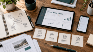 Organised workspace showing templates and business systems for a small service business