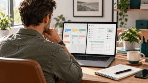 Solo business owner comparing project management tools at a desk.