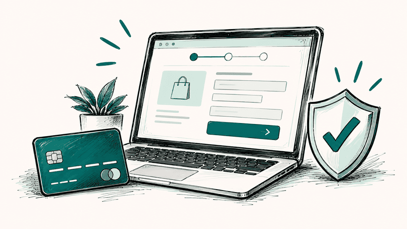 Hand-drawn laptop checkout screen, payment card and shield representing secure online payments and branded checkout.