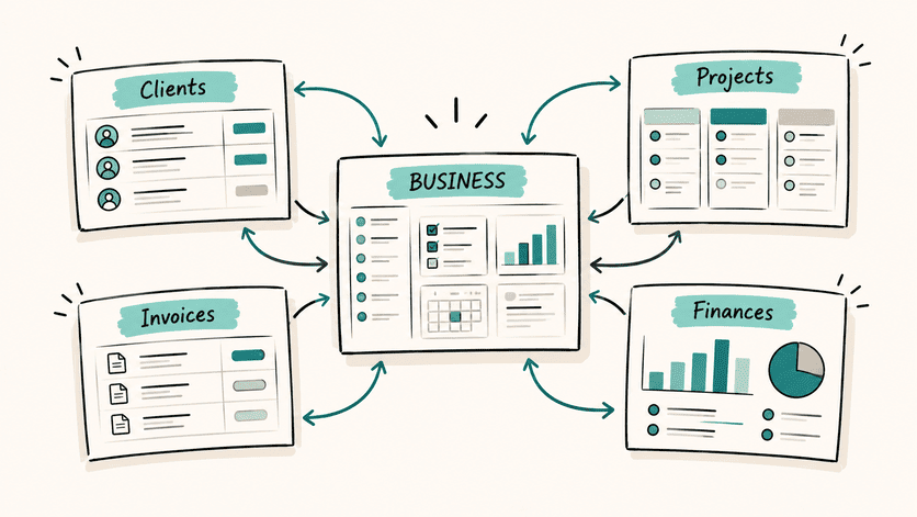 Connected business system linking clients, projects, invoices and finances