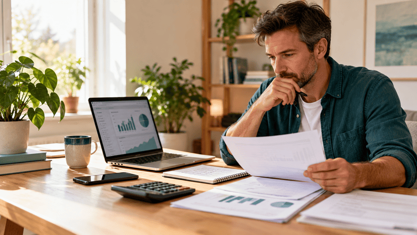 Small business owner reviewing cash flow records and invoices at a home-office desk.