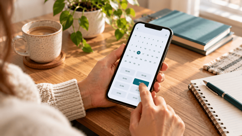 A client selecting an available appointment time on a smartphone booking calendar.