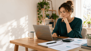 Freelance consultant reviewing client invoices and payment costs at a desk.
