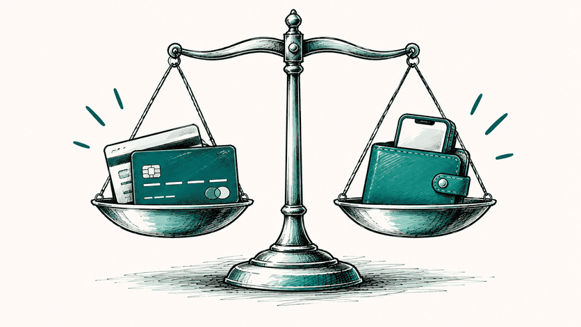 Hand-drawn illustration of two payment options on balanced scales, representing the trade-offs between processing costs and customer convenience.