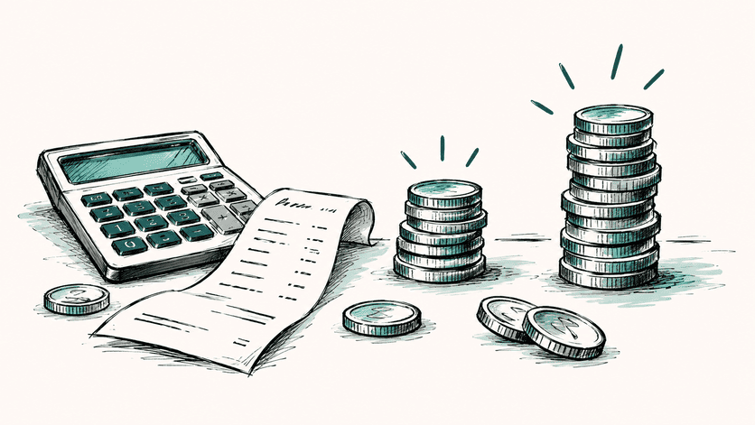 Hand-drawn illustration of a calculator, payment receipt and coins representing transaction processing costs.